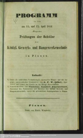 1853/54(1854): Programm zu den am ... erfolgenden Prüfungen der Schüler der Königl. Gewerb- und Baugewerkenschule in Plauen