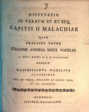 Disputatio in versum XV. et seq. capitis II. Malachiae