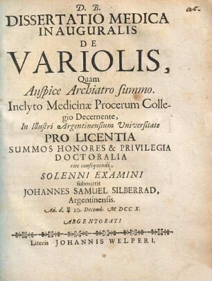 Dissertatio Medica Inauguralis De Variolis