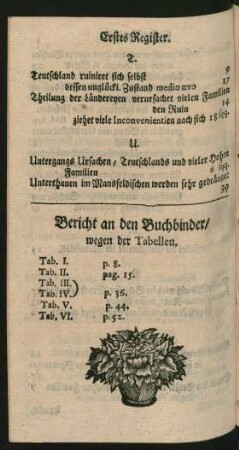 Bericht an den Buchbinder/ wegen der Tabellen