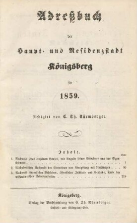 1859: Adreßbuch der Haupt- und Residenzstadt Königsberg i. Pr. und der Vororte