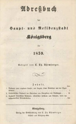1859: Adreßbuch der Haupt- und Residenzstadt Königsberg i. Pr. und der Vororte