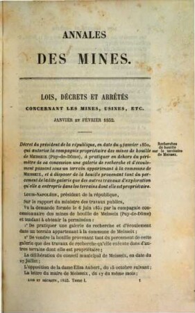Annales des mines. Partie administrative : ou recueil de lois, décrets, arrêtés et autres actes concernant les mines .... 1. 1852