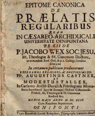 Epitome Canonica De Praelatis Regularibus