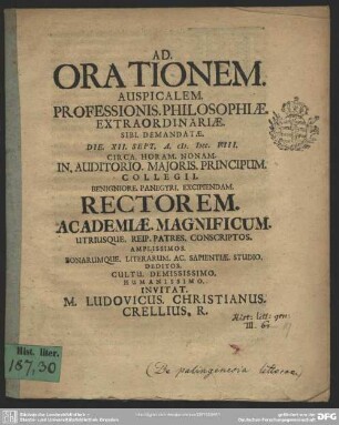Ad. Orationem. Auspicalem. Professionis. Philosophiae. Extraordinariae. Sibi. Demandatae. Die. XII. Sept. A. MDCCVIII ... Invitat : [De palingenesia litteraria]