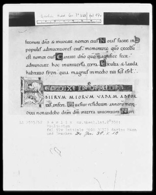 Psalter aus Werden — Initiale E (GO DIXI), darin Mann und Drachen, Folio 97verso