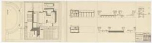Hochschulbibliothek, Karlsruhe Neubau: Vorentwurf. Lageplan, 1:500, Grundriss, Ansicht und Schnitt Hausmeisterwohnung, 1:200