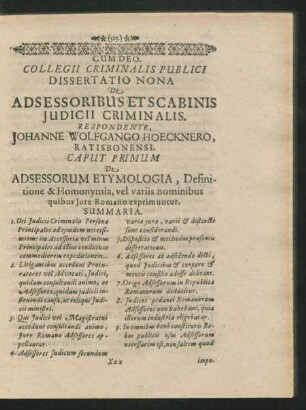 Dissertatio Nona De Adsessoribus Et Scabinis Judicii Criminalis. Respondente Johanne Wolfgango Hoecknero