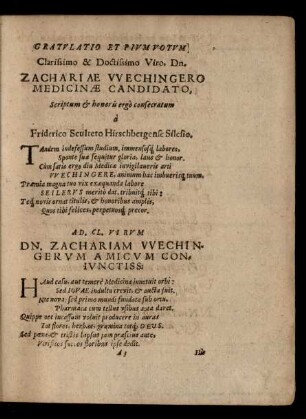 Gratulatio Et Pium Votum ... Dn. Zachariae Wechingero ...