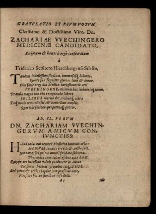 Gratulatio Et Pium Votum ... Dn. Zachariae Wechingero ...