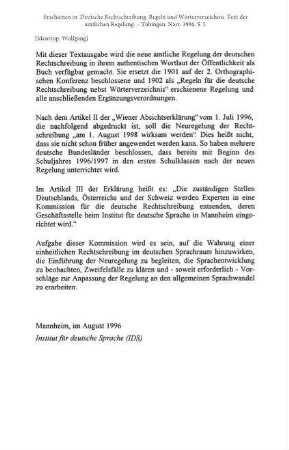 Deutsche Rechtschreibung: Regeln und Wörterverzeichnis. Text der amtlichen Regelung. Vorwort