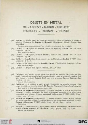 Objets en metal or – argent – bijoux – bibelots – pendules – bronze – cuivre (Nr. 312-339)