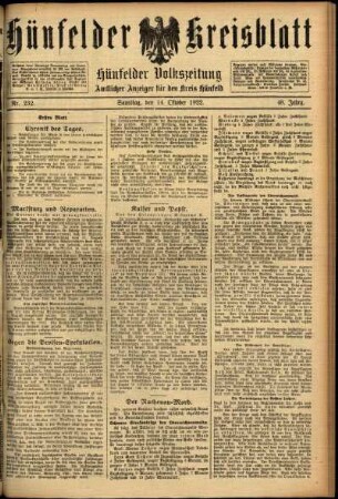Erste Ausgabe vom Samstag, den 14. Oktober 1922.