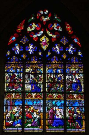 Frankreich. Champagne Ardenne. Marne. Chalons en Champagne. Ehemalige Stiftskirche Notre Dame en Vaux. Fenster. 16 Jahrhundert. Szenen aus dem Marienleben