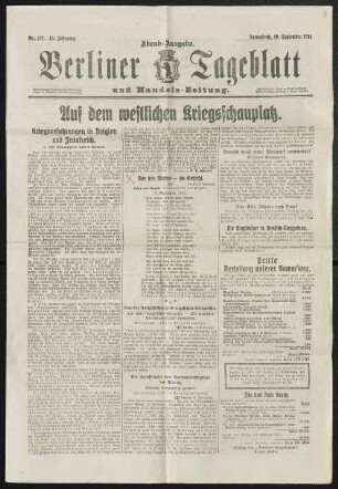 Vor der Marne - im Gefecht. Von Fritz von Unruh, Leutnant bei den Ulanen. [erschienen in "Berliner Tageblatt" Abendausgabe, Nr. 477, 43. Jahrgang ]