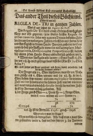 Das ander Theil diese Büchleins. Handelt von der Regula De-Tri in gantzen Zahlen