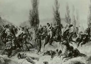 Dresden, Sächsisches Armeemuseum, Attacke der 1. und 5. Eskadron des 3. Kgl. Sächsischen schweren Reiter-Regiments, zuletzt Karabinier-Regiment bei Buzancy am 27. August 1870 gegen das 12. französische Chasseur-à-cheval-Reg.