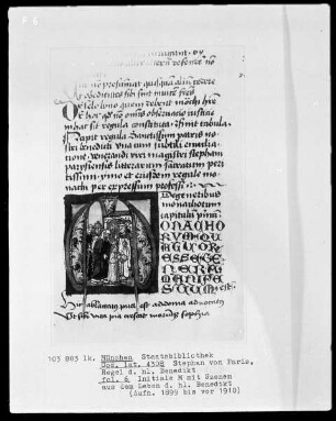 Stephan von Paris, Auslegung der Regel des heiligen Benedikt — Initiale M, darin der Knabe Benedikt kommt zum Glauben, Folio 6recto