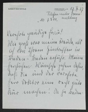 Brief von Lilly Bechtle an Margarete Hauptmann