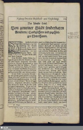 Der Fünffte Titul. Von gemeiner Stadt sonderbaren Aembtern/ Landgüthern und zugehörigen Unterthanen.