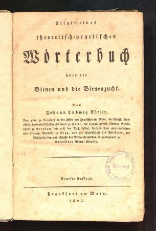 Allgemeines theoretisch-practisches Wörterbuch über die Bienen und die Bienenzucht