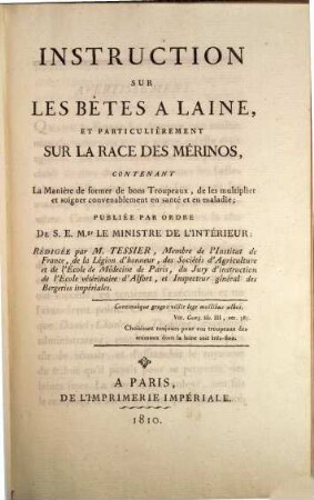 Instruction sur les Bêtes a laine, et particulierement sur la race de Merinos