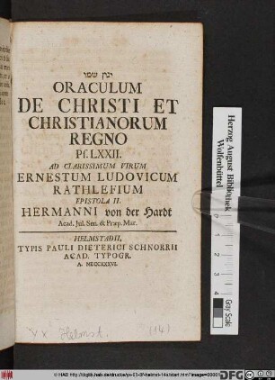 Yinon shemo Oraculum De Christi Et Christianorum Regno Ps. LXXII.