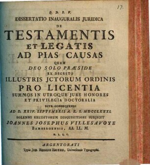 Diss. inaug. jur. de testamentis et legatis ad pias causas