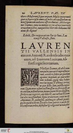 Lavrentii Vallensis in errores Antonij Raudensis adnotationes, ad Ioannem Lucinam Alfonsi regis secretarium