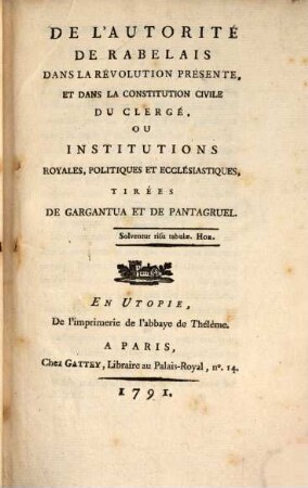 De l'autorité de Rabelais dans la revolution présente