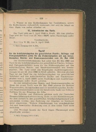 Tarif für die Schiffahrtabgaben der gewerblichen Fracht-, Schlepp- und Fahrgastschiffahrt sowei für die Flößereiabgaben auf den mitteldeutschen Reichs- und Staatswasserstraßen vom 10. Mai 1940