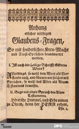 Anhang etlicher nöthigen Glaubens-Fragen [...].