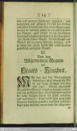 III. Von den Allgemeinen Reguln der Staats-Klugheit