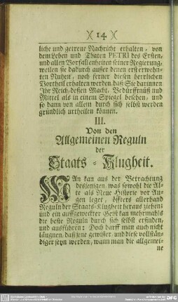 III. Von den Allgemeinen Reguln der Staats-Klugheit