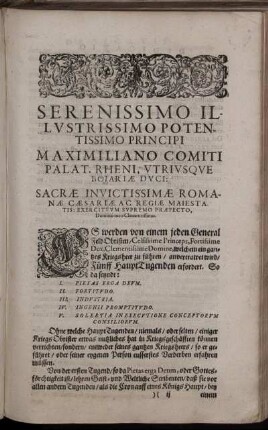 Serenissimo Illustrissimo Potentissimo Principi Maximiliano Comiti Palat. Rheni, Utriusque Boiariæ Duci [...]