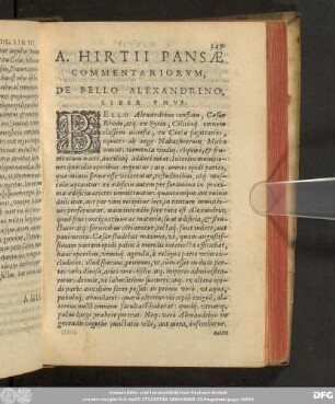 A. Hirtii Pansae Commentariorum, De Bello Alexandrino, Liber Unus.
