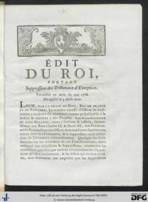 Édit Du Roi, Portant Supression des Tribunaux d´Exception.