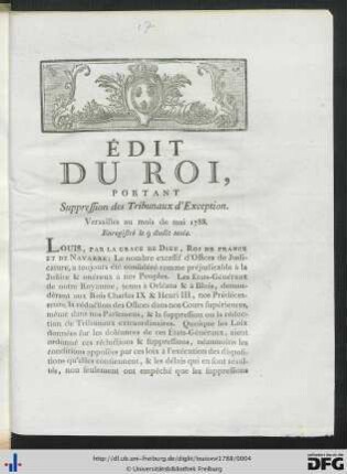 Édit Du Roi, Portant Supression des Tribunaux d´Exception.