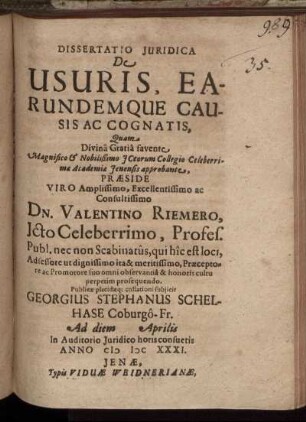 Dissertatio Iuridica De Usuris, Earundemque Causis Ac Cognatis