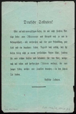 Deutsche Soldaten! Hört auf mit euren giftigen Gasen, die wir nicht fürchten ...