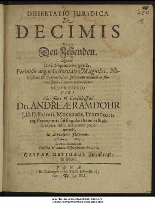 Dissertatio Iuridica De Decimis Vulgo Den Zehenden