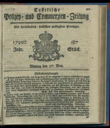 18tes Stueck, Montag den 3ten May. 1790
