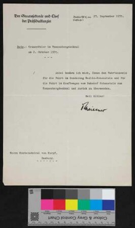 Schreiben an von Karpf vom Staatssekretär und Chef der Präsidialkanzlei betreffend den Fahrtausweis zur Trauerfeier im Tannenbergdenkmal am 2.10.1935