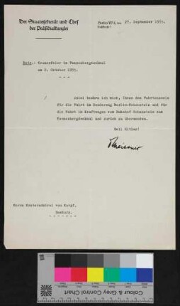Schreiben an von Karpf vom Staatssekretär und Chef der Präsidialkanzlei betreffend den Fahrtausweis zur Trauerfeier im Tannenbergdenkmal am 2.10.1935