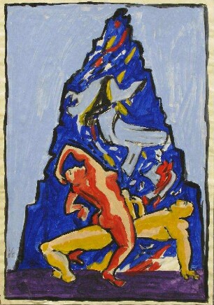 Menschlicher Akt vor blauem 'Gefühlsberg'