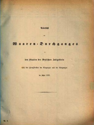 Statistische Uebersichten über Waaren-Verkehr und Zoll-Ertrag im Deutschen Zoll-Vereine. Nummer 4, Uebersicht des Waaren-Durchganges in den Staaten des Deutschen Zollgebiets nach den Grenzstrecken des Einganges und des Ausganges : für das Jahr .... 1871