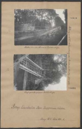 Hebung und Wiederherstellung eines eisernen Stegs und einer eisernen Straßenbrücke bei Schloß Remilly und Aillicourt, Juni - Juli 1916: Hochziehen der kleineren Brückenhälfte