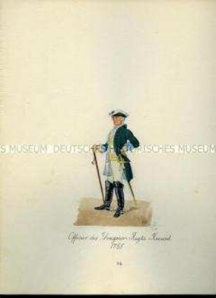 Uniformdarstellung, Offizier des Dragoner-Regiments Renard, 1765. Aus: Sammelmappe "Sachsens Militär", Königliche Arsenalsammlung.