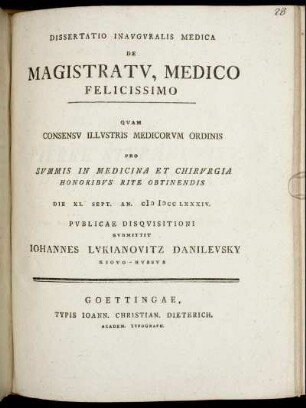Dissertatio Inauguralis Medica De Magistratu, Medico Felicissimo