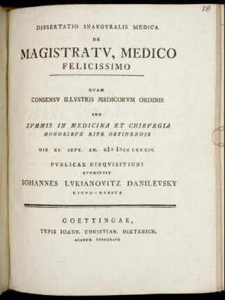 Dissertatio Inauguralis Medica De Magistratu, Medico Felicissimo